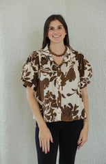 Entro Brown Floral Puff Sleeve Top
