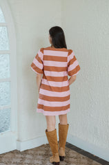 The Gwen Pink and Brown Puff Sleeve Shift Dress