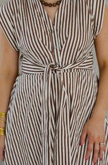 Entro Tie Waist Brown and White Stripe Midi Dress