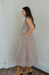 Entro Tie Waist Brown and White Stripe Midi Dress