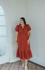 Entro Puff Sleeve Eyelet Maxi Dress in Rust