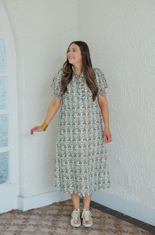 Entro Green Floral Ruffle Neck Midi Dress