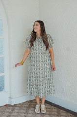 Entro Green Floral Ruffle Neck Midi Dress