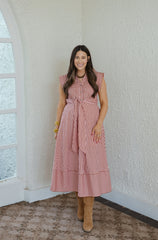 Entro Tie Waist Pink and Brown Stripe Midi Dress