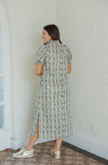 Entro Green Floral Ruffle Neck Midi Dress