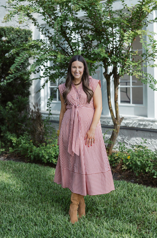 Entro Tie Waist Pink and Brown Stripe Midi Dress