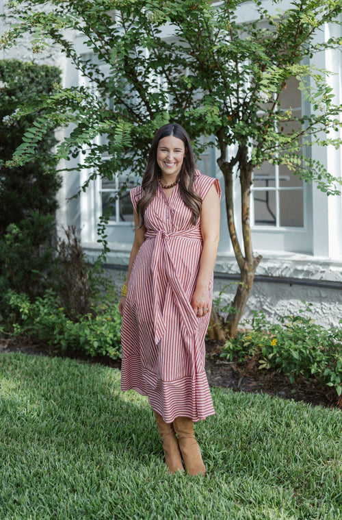 Entro Tie Waist Pink and Brown Stripe Midi Dress