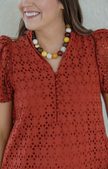 Entro Puff Sleeve Eyelet Maxi Dress in Rust