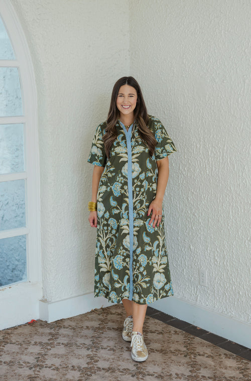Entro Green Floral A-Line Midi Dress