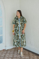 Entro Green Floral A-Line Midi Dress