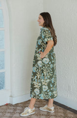 Entro Green Floral A-Line Midi Dress