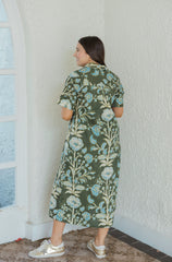 Entro Green Floral A-Line Midi Dress