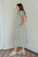 Entro Green Floral Ruffle Neck Midi Dress