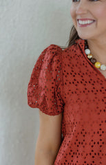 Entro Puff Sleeve Eyelet Maxi Dress in Rust