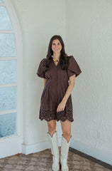 Entro Brown Cinched Waist Eyelet Hem Mini Dress