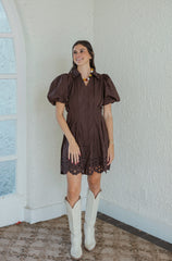 Entro Brown Cinched Waist Eyelet Hem Mini Dress