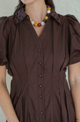 Entro Brown Cinched Waist Eyelet Hem Mini Dress