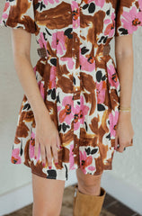 Entro Pink and Brown Floral Puff Sleeve Mini Dress
