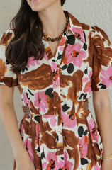 Entro Pink and Brown Floral Puff Sleeve Mini Dress