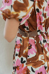 Entro Pink and Brown Floral Puff Sleeve Mini Dress