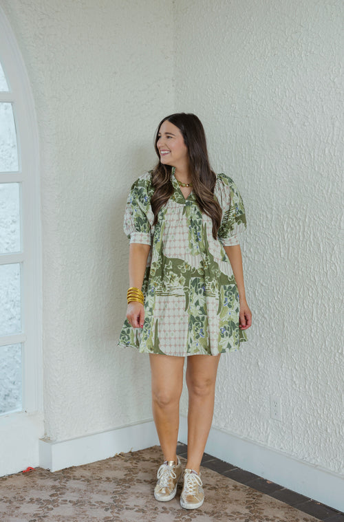 Entro Green Floral Abstract Print Mini Dress
