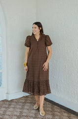 Entro Puff Sleeve Eyelet Maxi Dress in Chocolate Brown