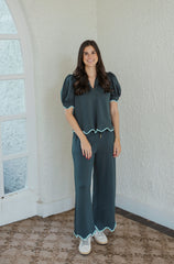 Entro Scalloped Drawstring Pants in Forest Green