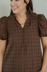 Entro Puff Sleeve Eyelet Maxi Dress in Chocolate Brown