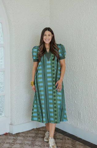 Entro Tie Waist Pink and Brown Stripe Midi Dress