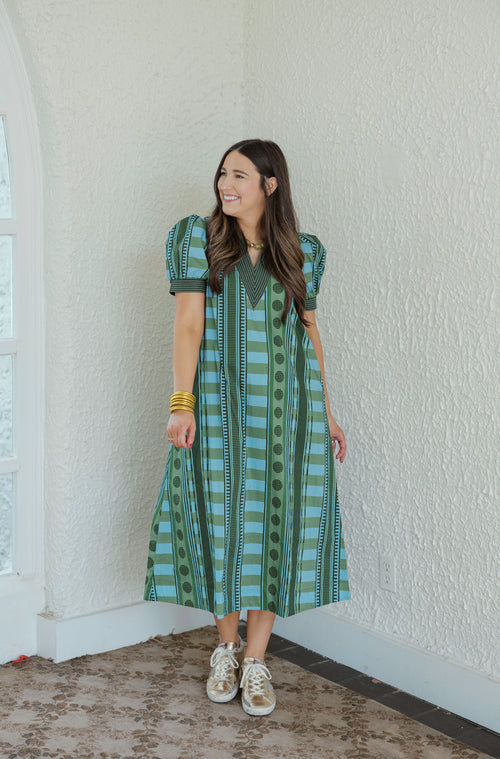 Entro Green Geo Print Midi Dress