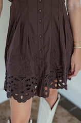 Entro Brown Cinched Waist Eyelet Hem Mini Dress