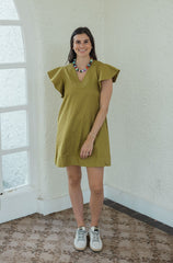 The Hallie Flutter Sleeve Mini Dress in Martini Olive