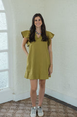 The Hallie Flutter Sleeve Mini Dress in Martini Olive