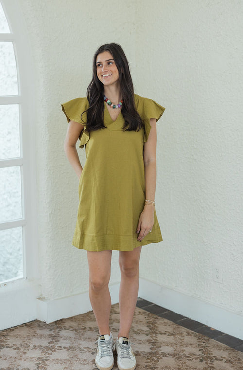 The Hallie Flutter Sleeve Mini Dress in Martini Olive