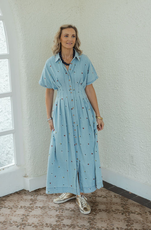 Karlie Denim Floral Embroidered Maxi Dress