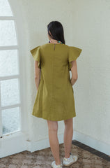 The Hallie Flutter Sleeve Mini Dress in Martini Olive