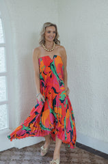 Karlie Swirl Satin Bustier Pleated Maxi Dress