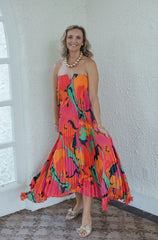 Karlie Swirl Satin Bustier Pleated Maxi Dress