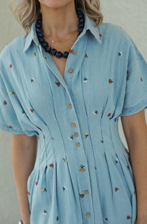 Karlie Denim Floral Embroidered Maxi Dress