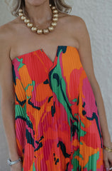 Karlie Swirl Satin Bustier Pleated Maxi Dress