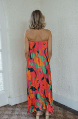Karlie Swirl Satin Bustier Pleated Maxi Dress