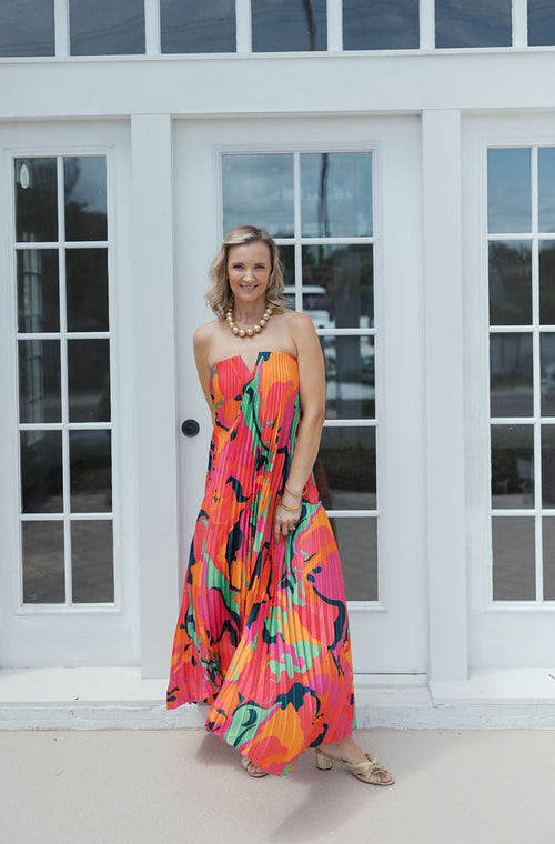 Karlie Swirl Satin Bustier Pleated Maxi Dress