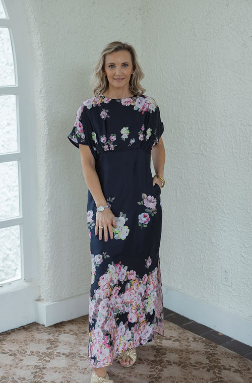Jade Melody Tam Rosettes Border Cinched Waist Maxi Dress