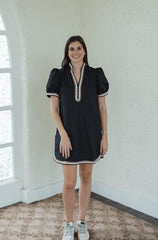 Entro Black Puff Sleeve Mini Dress with Beige Stripe