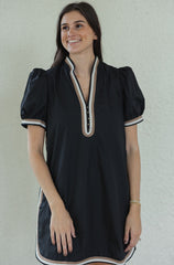 Entro Black Puff Sleeve Mini Dress with Beige Stripe