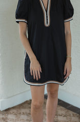 Entro Black Puff Sleeve Mini Dress with Beige Stripe