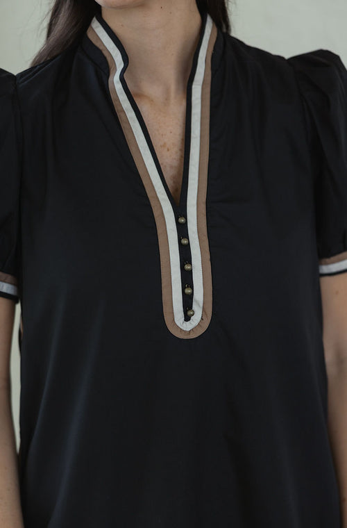 Entro Black Puff Sleeve Mini Dress with Beige Stripe