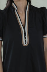 Entro Black Puff Sleeve Mini Dress with Beige Stripe