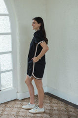 Entro Black Puff Sleeve Mini Dress with Beige Stripe