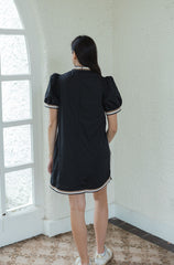 Entro Black Puff Sleeve Mini Dress with Beige Stripe